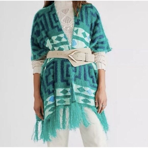 FREE PEOPLE Women's Diamondback Boho Aztec Geometric Cozy Kimono In Emerald O/S - Picture 1 of 7